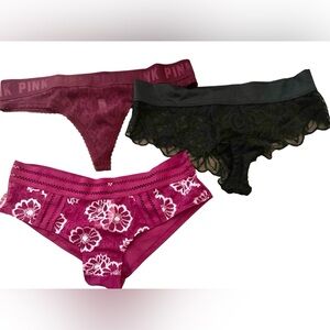 PINK Victoria’s Secrets Panties Sz M Maroon Black Lot(3) NWOT Thong Low Rise